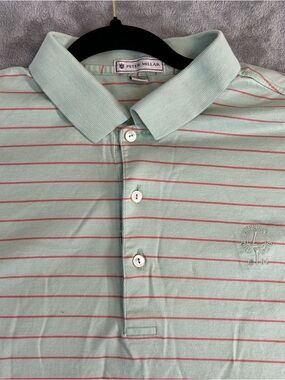 Peter Millar Polo Shirt Mens Size Large Color Green With Red Stripes Golf Jersey